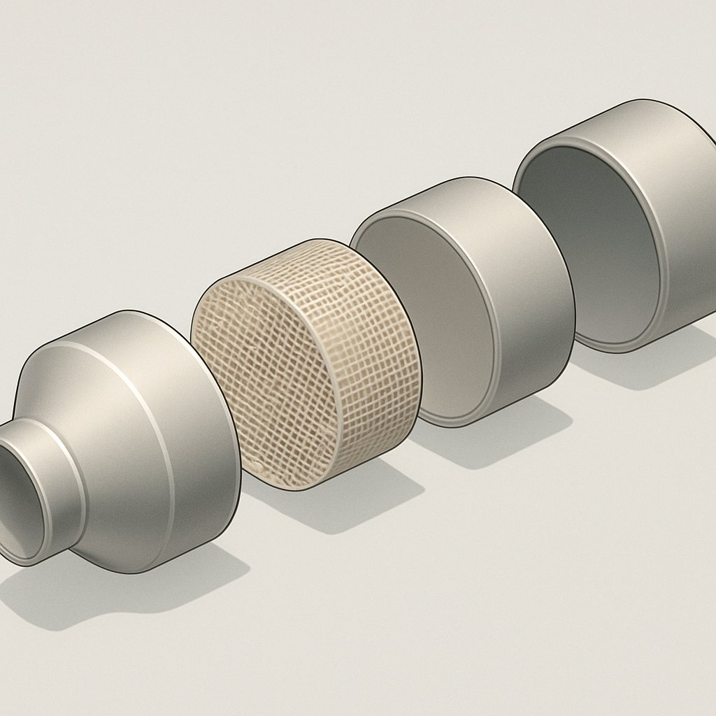 exploded view of the main layers inside a catalytic converter