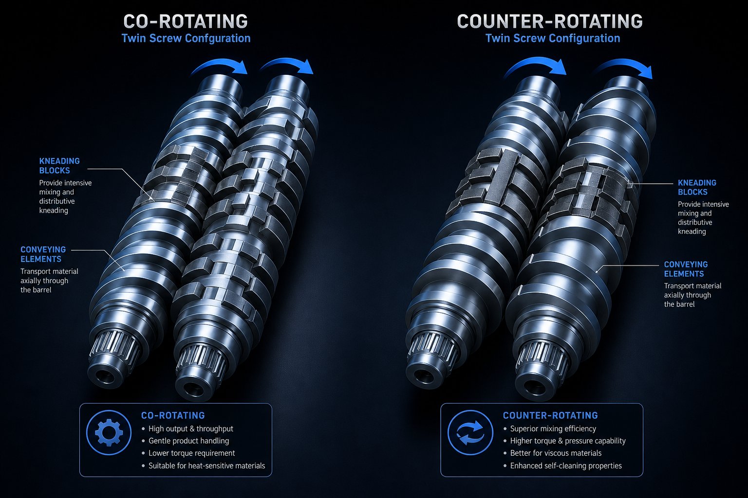 co rotating and counter rotating twin screw configurations showing intermeshing geometry and rotation directions