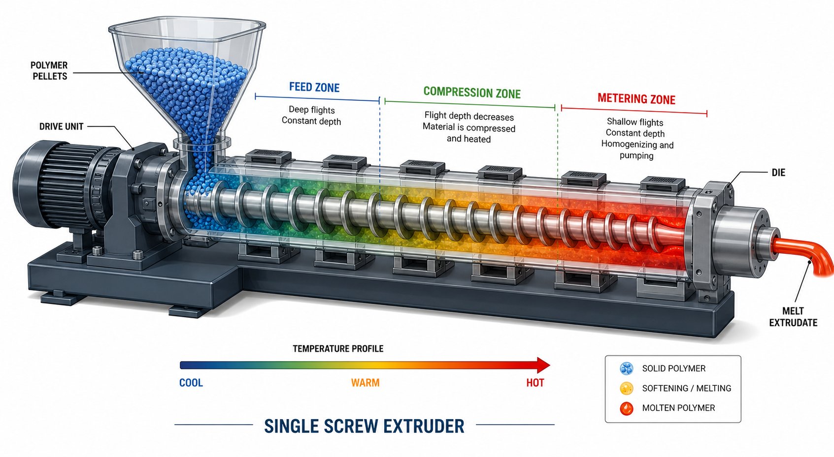 cutaway view of a single screw extruder showing the three functional zones feed compression and metering