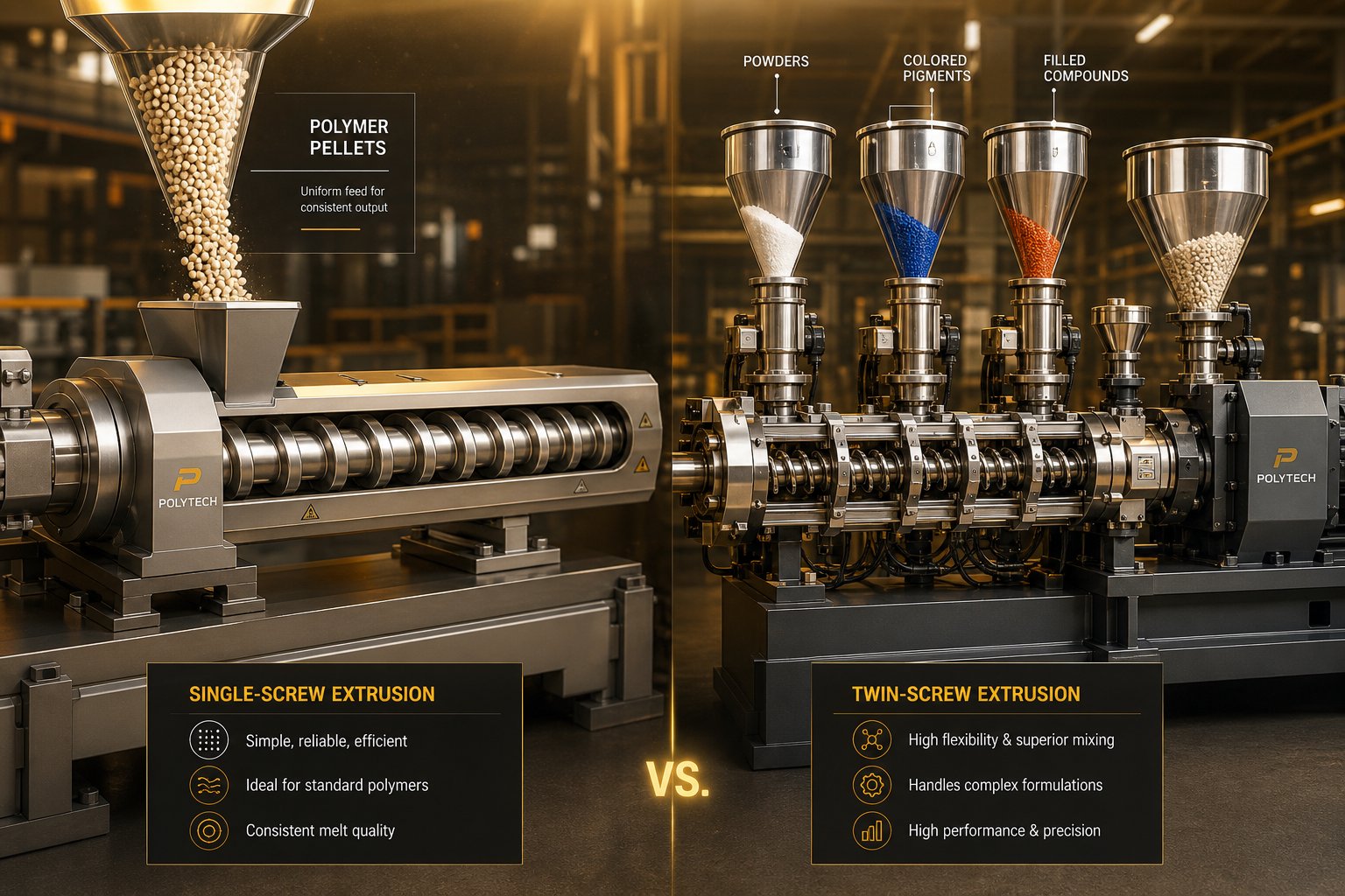 different raw materials matched to their ideal extruder type pre compounded pellets for single screw and complex formulations for twin screw systems