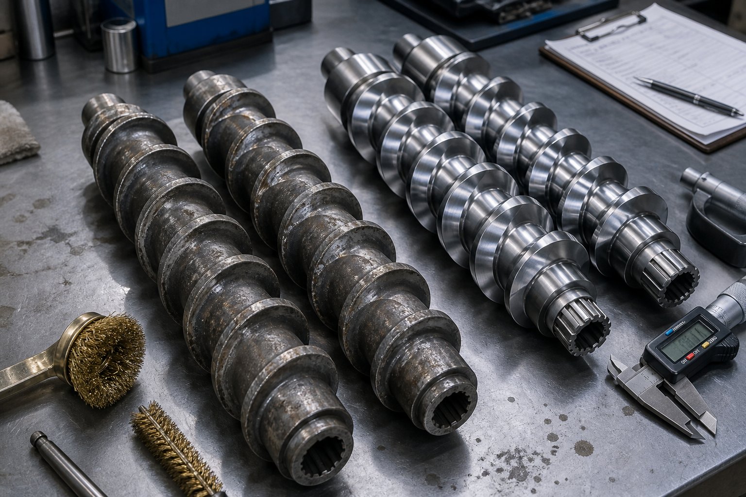 worn and new extruder screw elements compared during routine maintenance inspection showing typical flight tip erosion patterns