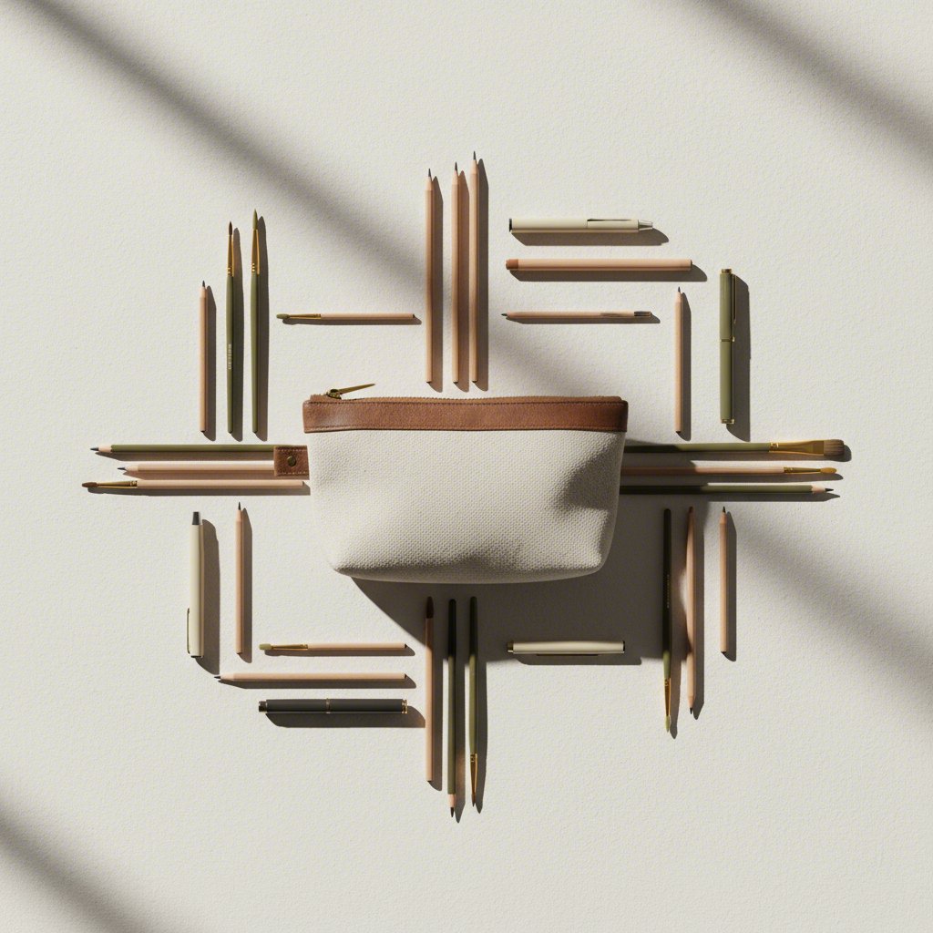 a collection of artist tools organized in a canvas pencil pouch