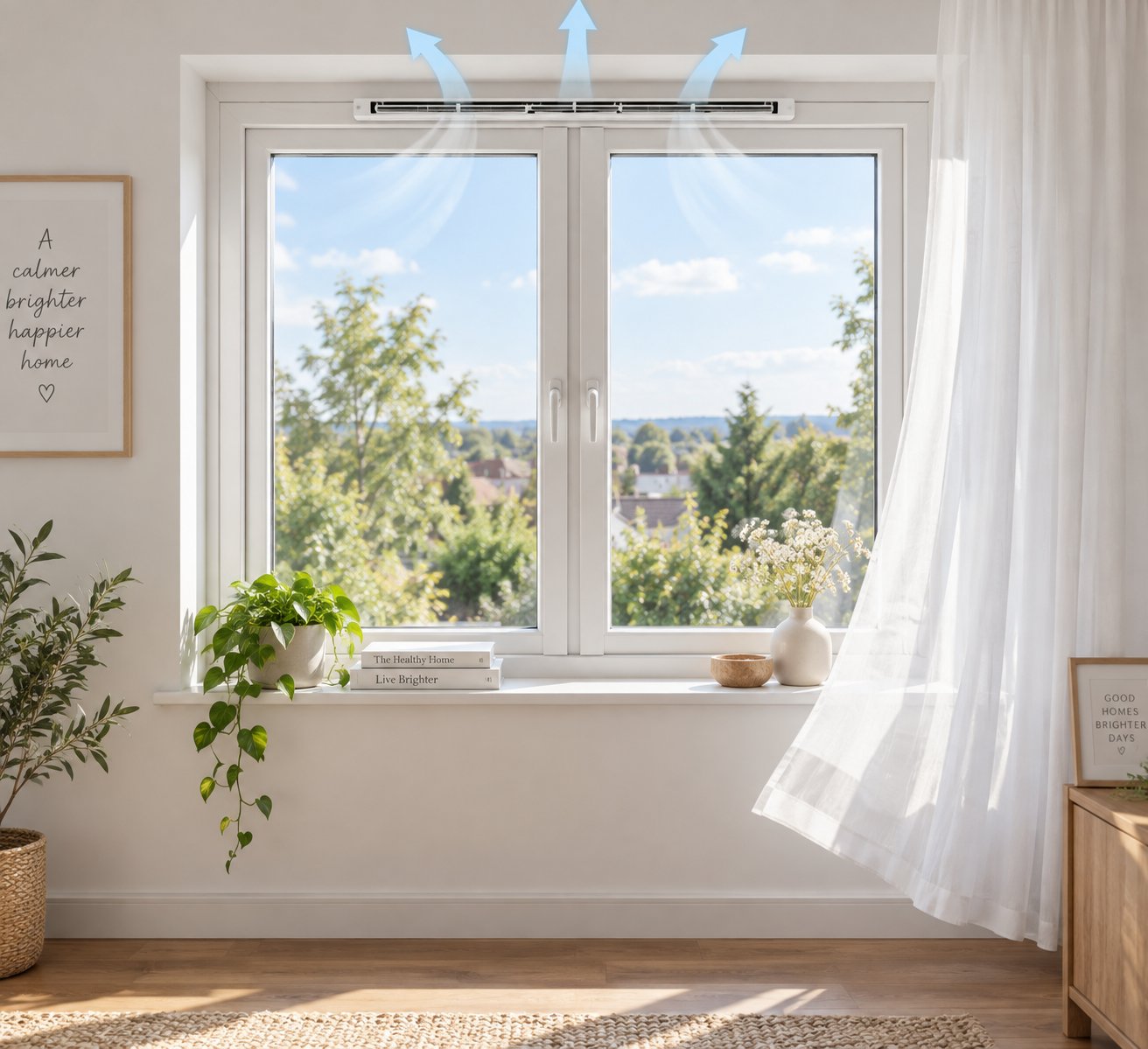 a trickle vent at the top of a window frame provides continuous background airflow to reduce indoor humidity