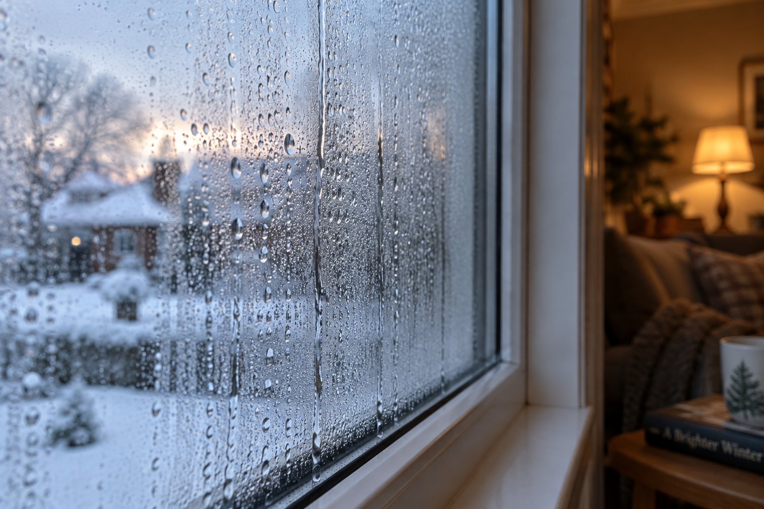 condensation streaming down a window pane on a cold morning signals excess indoor humidity or poor ventilation