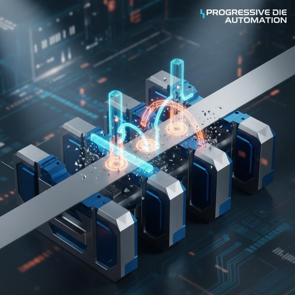 Progressive die stamping process showing continuous strip feeding and precision forming stations