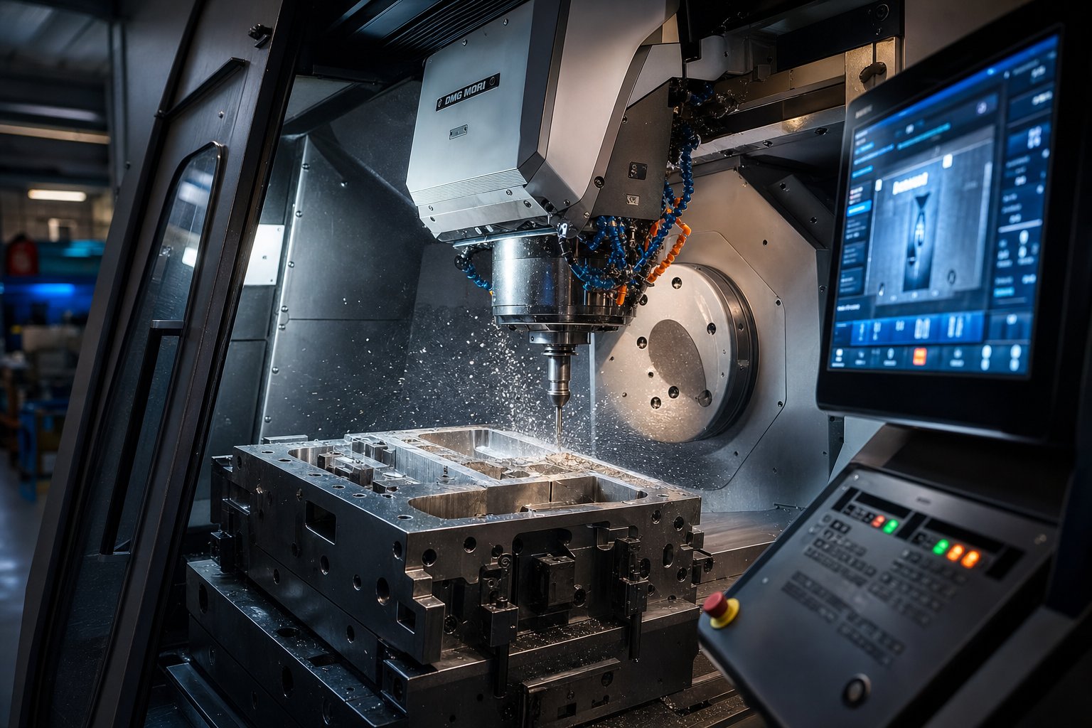 five axis cnc machining center shaping a stamping die block representing the advanced technology modern die shops use to reduce lead times and improve accuracy