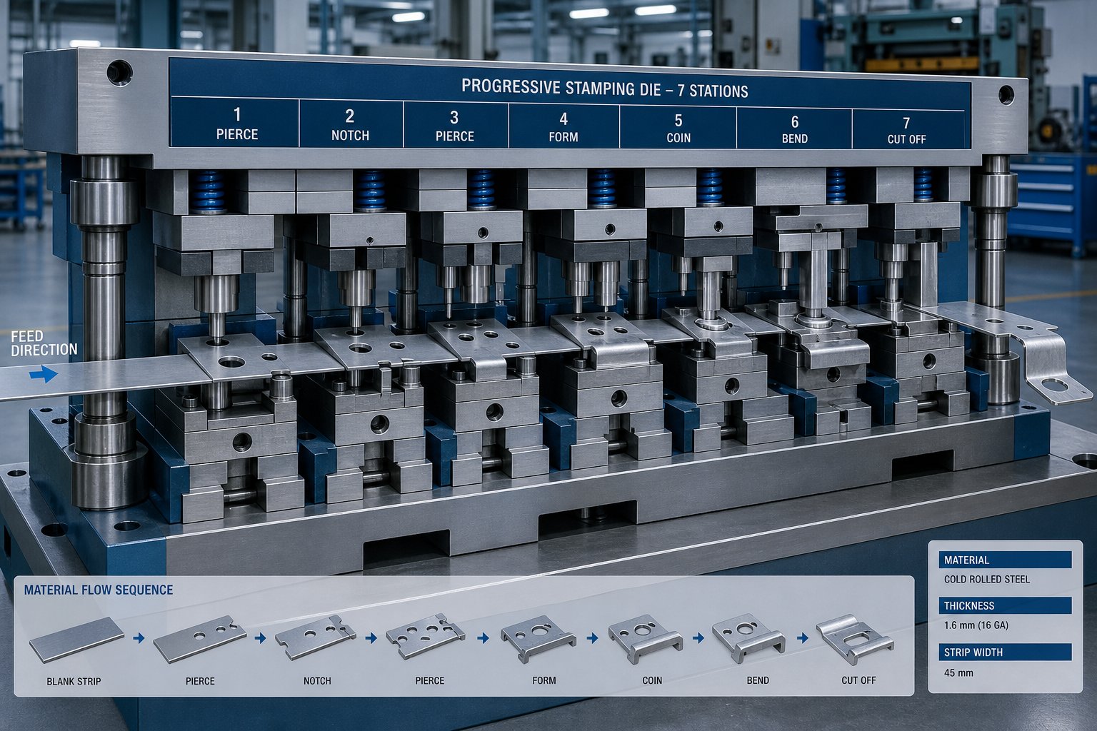 progressive stamping die with multiple forming stations arranged in sequence for high volume sheet metal part production