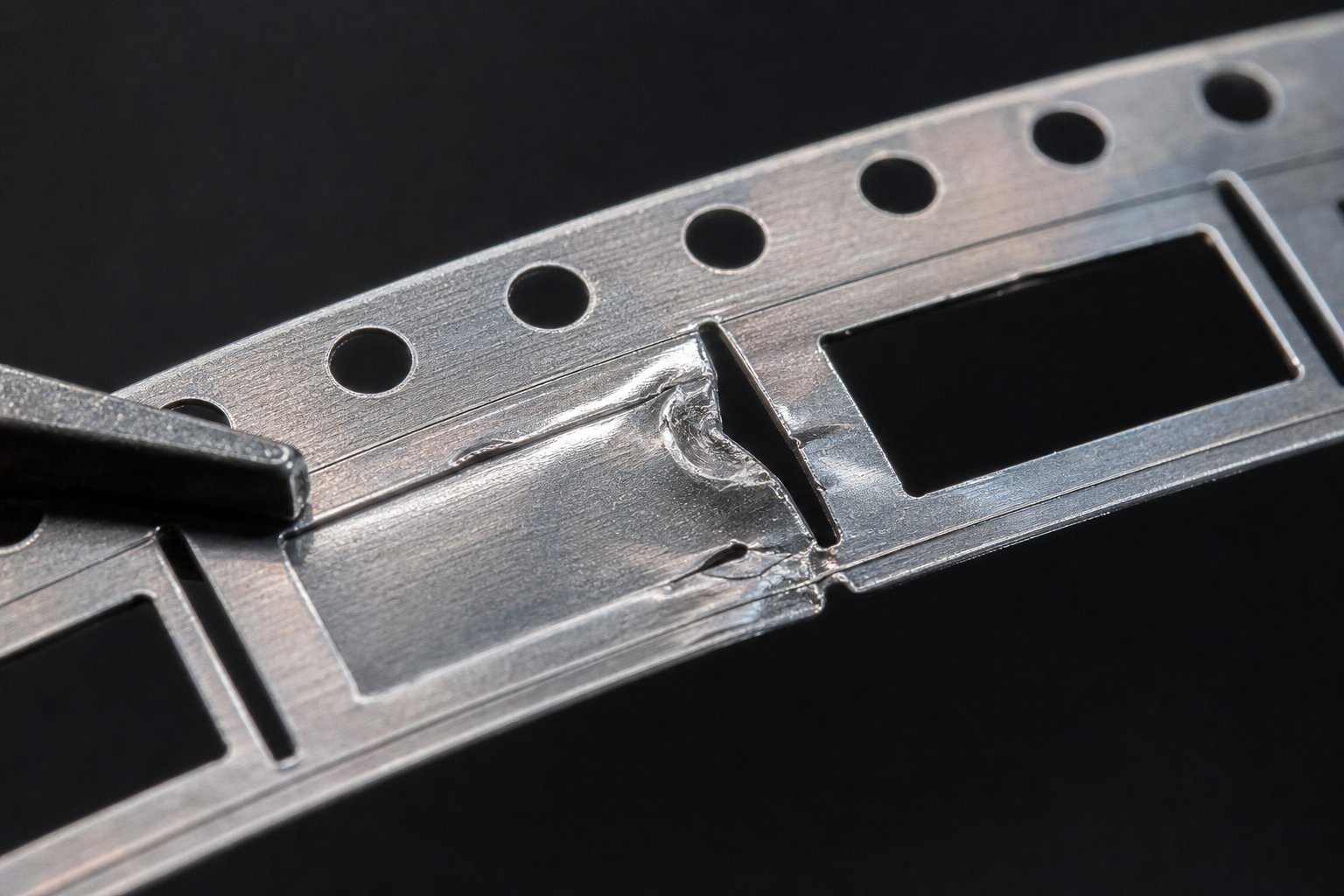 carrier strip deformation near a bypass notch boundary indicating insufficient stress relief in a progressive stamping operation