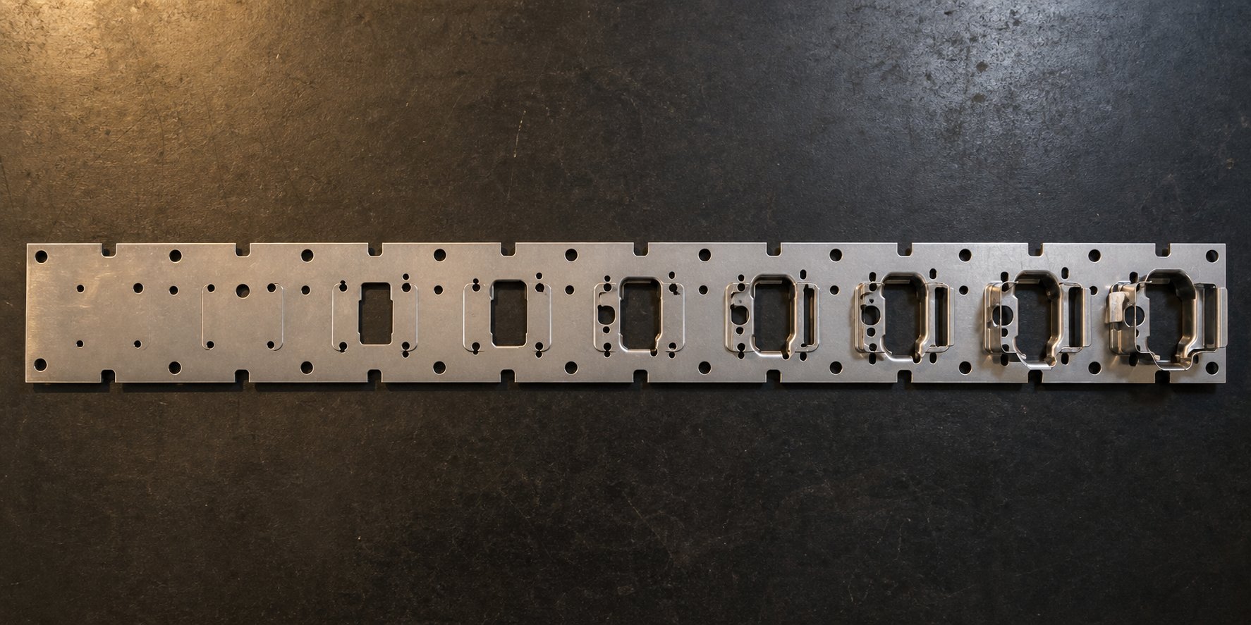 progressive die strip layout showing bypass notch placement relative to pilot holes and forming stations along the carrier edge
