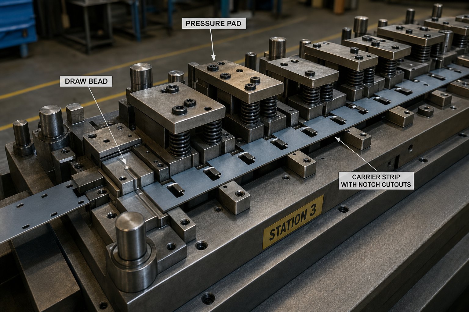 progressive stamping die assembly showing bypass notches integrated with draw beads and pressure pads for comprehensive material flow control