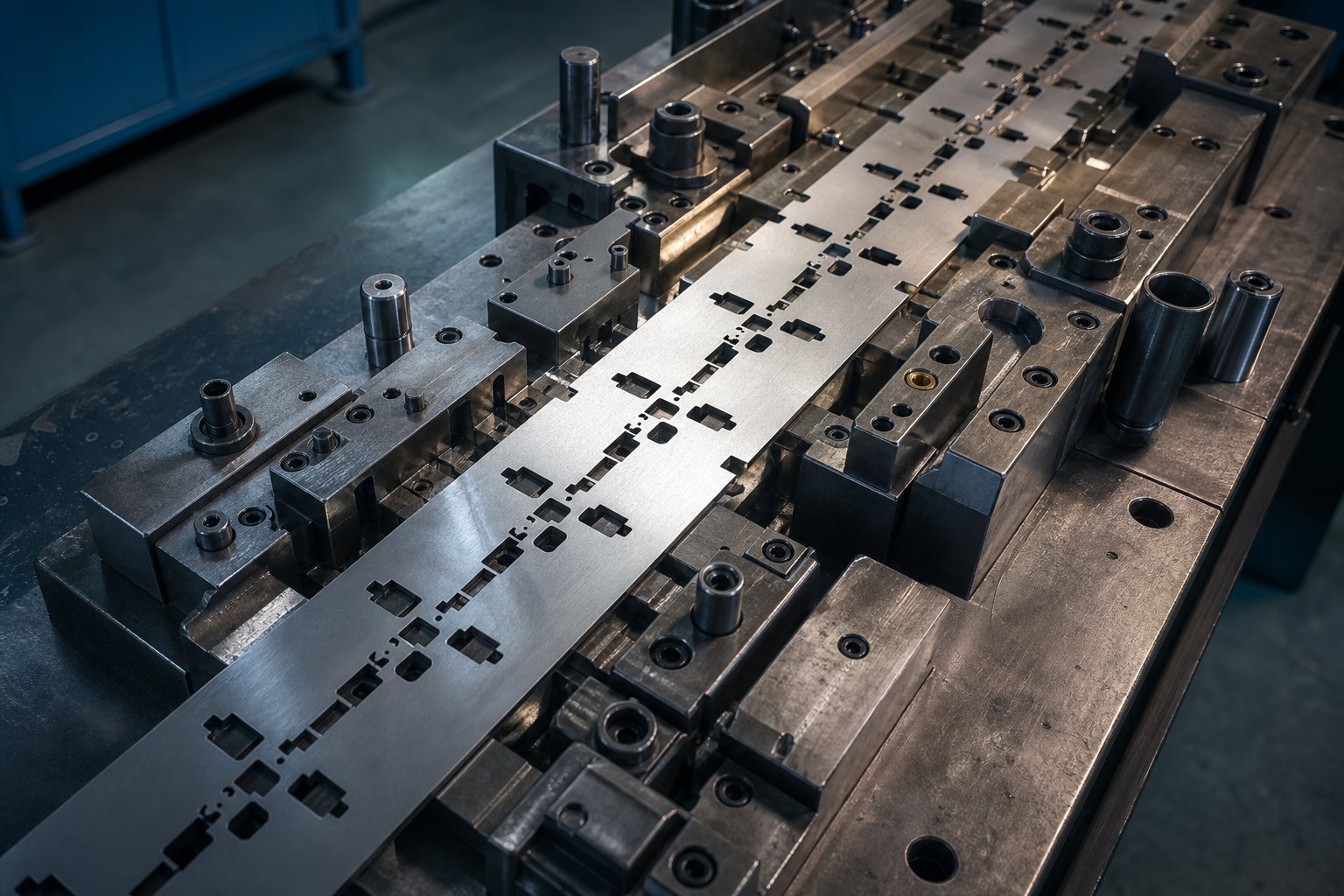 progressive stamping die carrier strip showing bypass notch geometry for controlled material flow through multiple forming stations