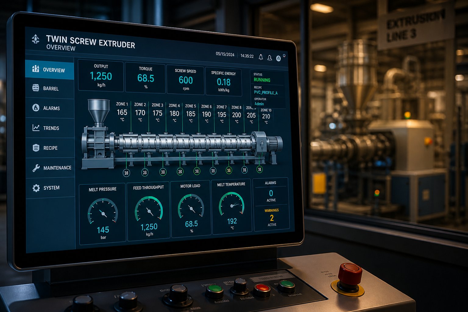 advanced hmi control panel displaying real time twin screw extruder process monitoring with temperature and performance dashboards