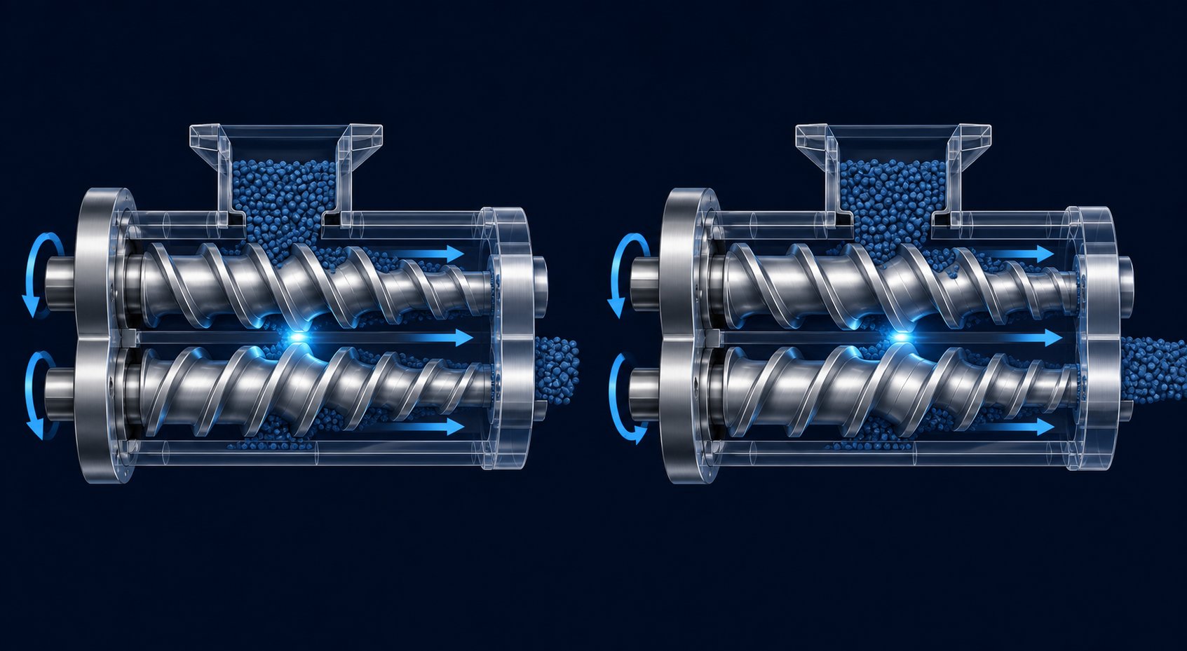 cross sectional comparison of co rotating and counter rotating twin screw configurations showing screw rotation direction and material flow patterns