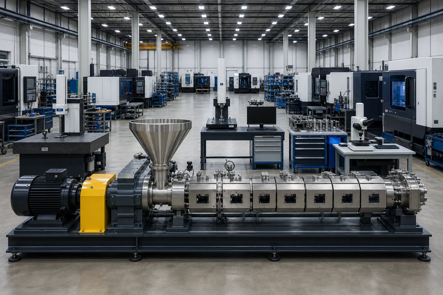 inside a twin screw extruder manufacturing facility showing cnc machining quality inspection and final assembly stages