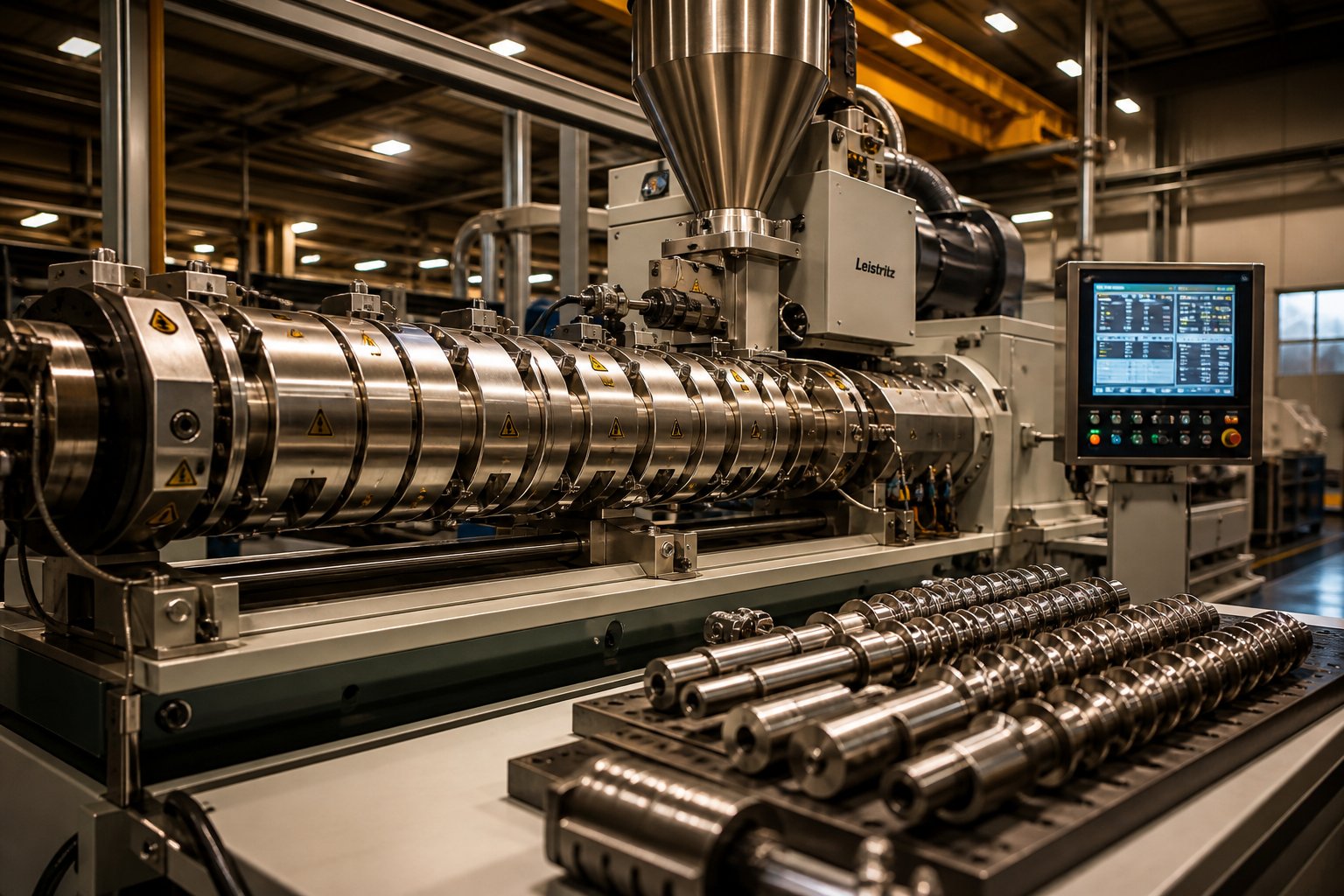 modern twin screw extruder system on a production floor showing modular barrel sections and precision engineered components