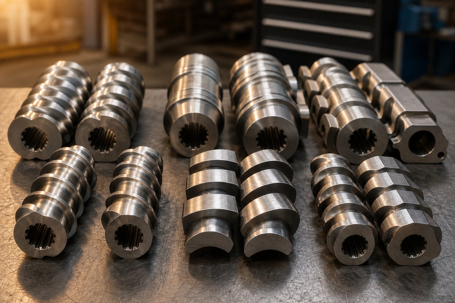 modular twin screw extruder elements including conveying segments and kneading blocks arranged to show interchangeable screw design