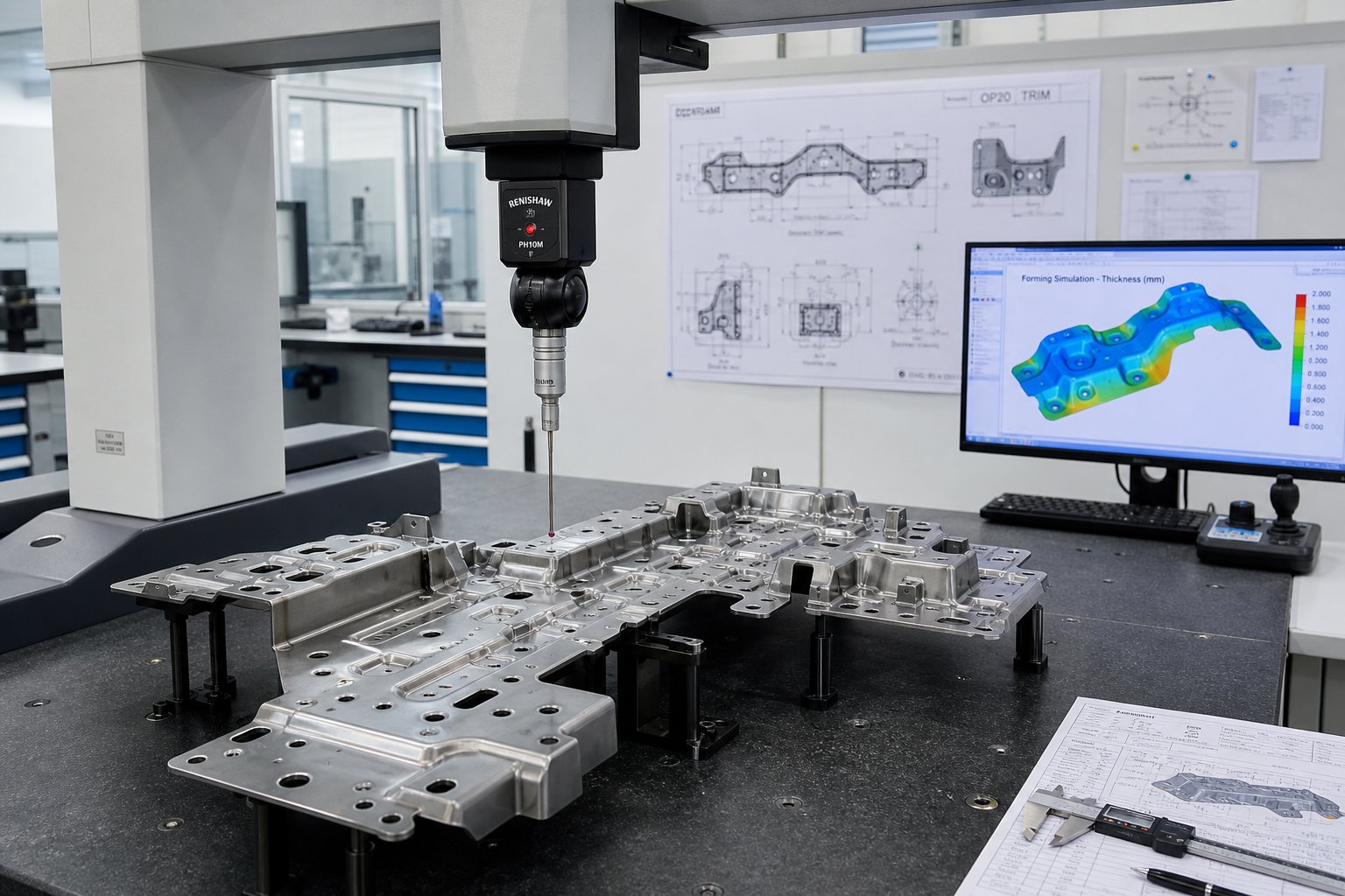 cmm inspection of a multi station transfer die stamped part during supplier quality validation