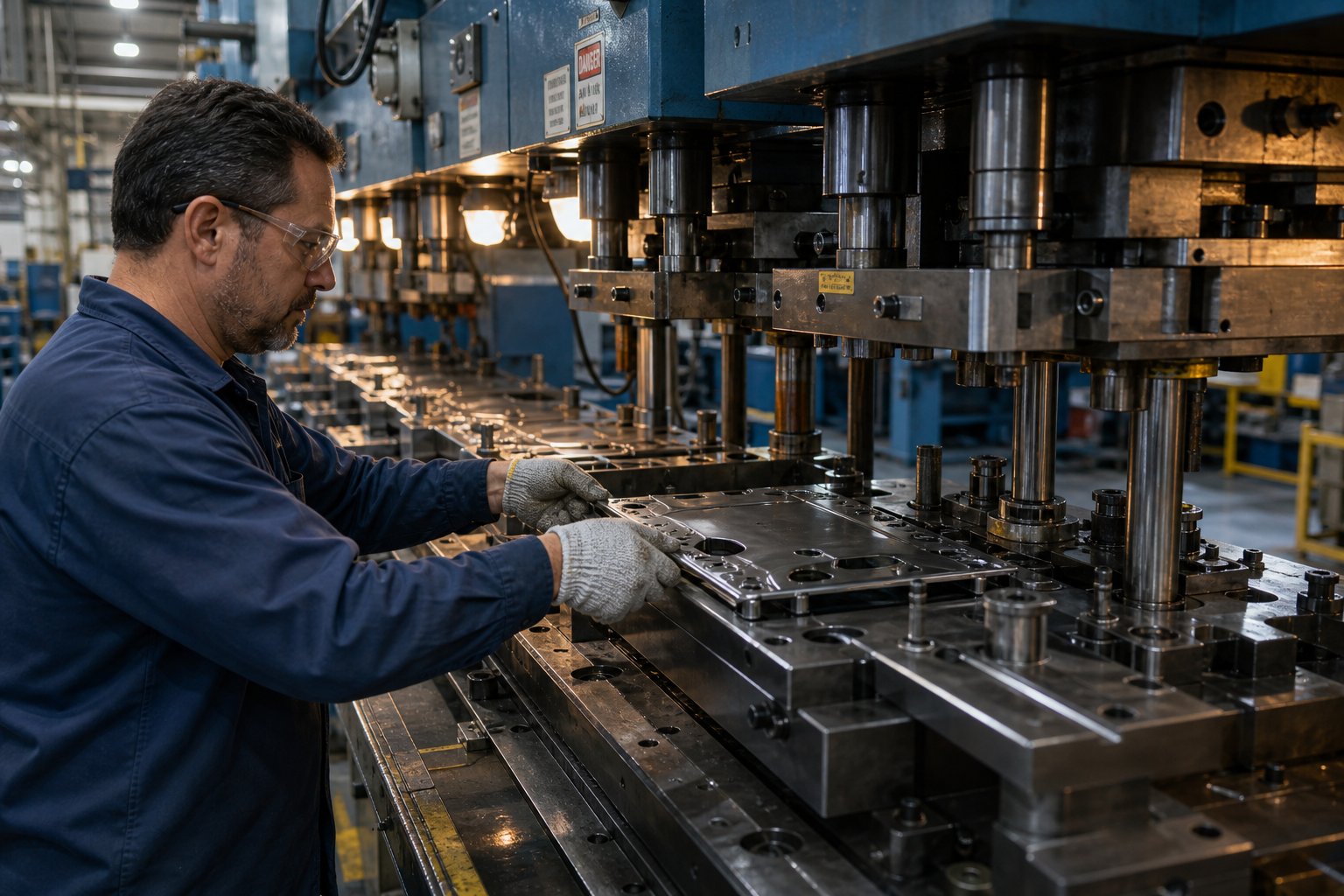 operator positioning a workpiece between die stations in a manual transfer stamping press