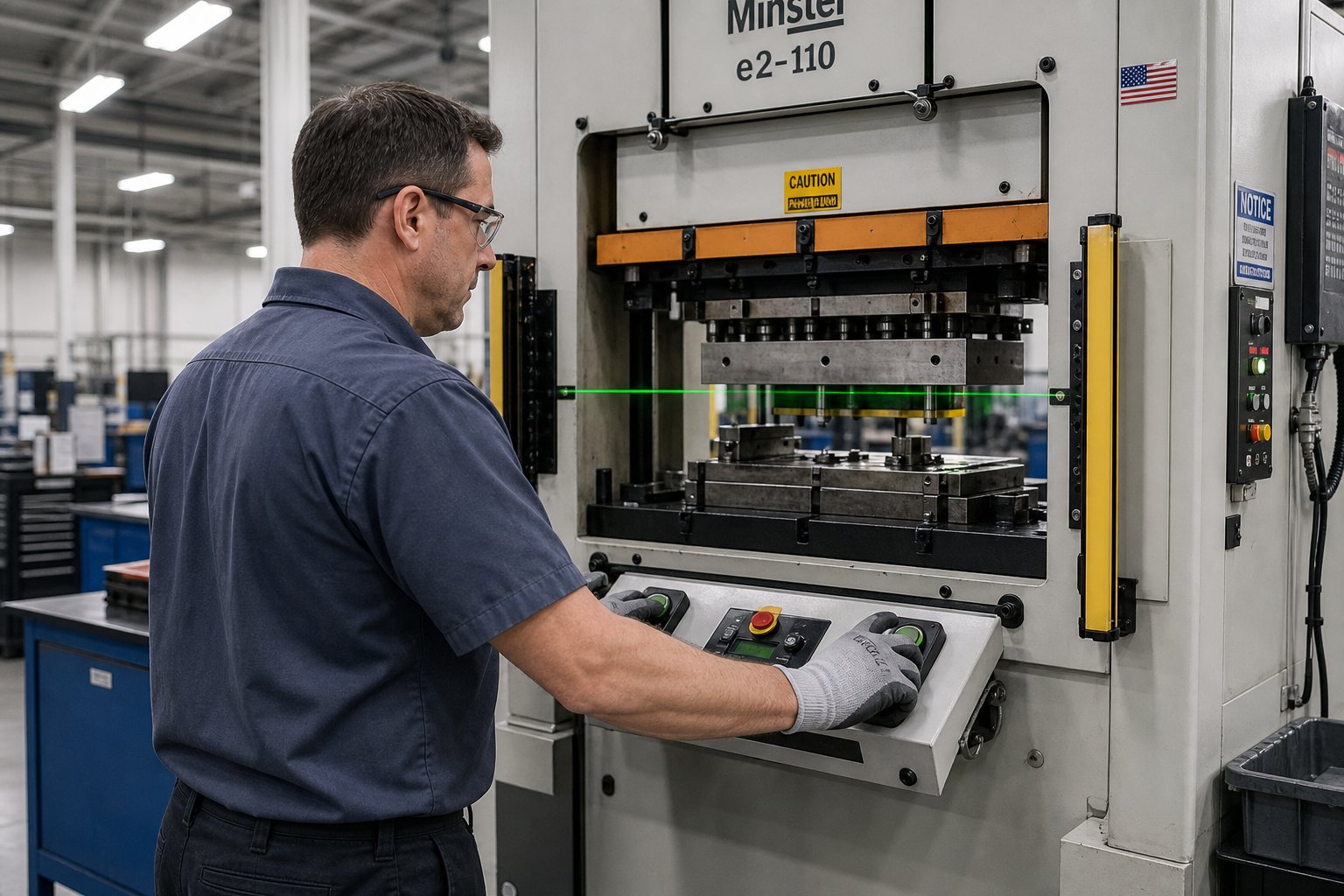 press operator using two hand controls with light curtain safety system during manual transfer stamping