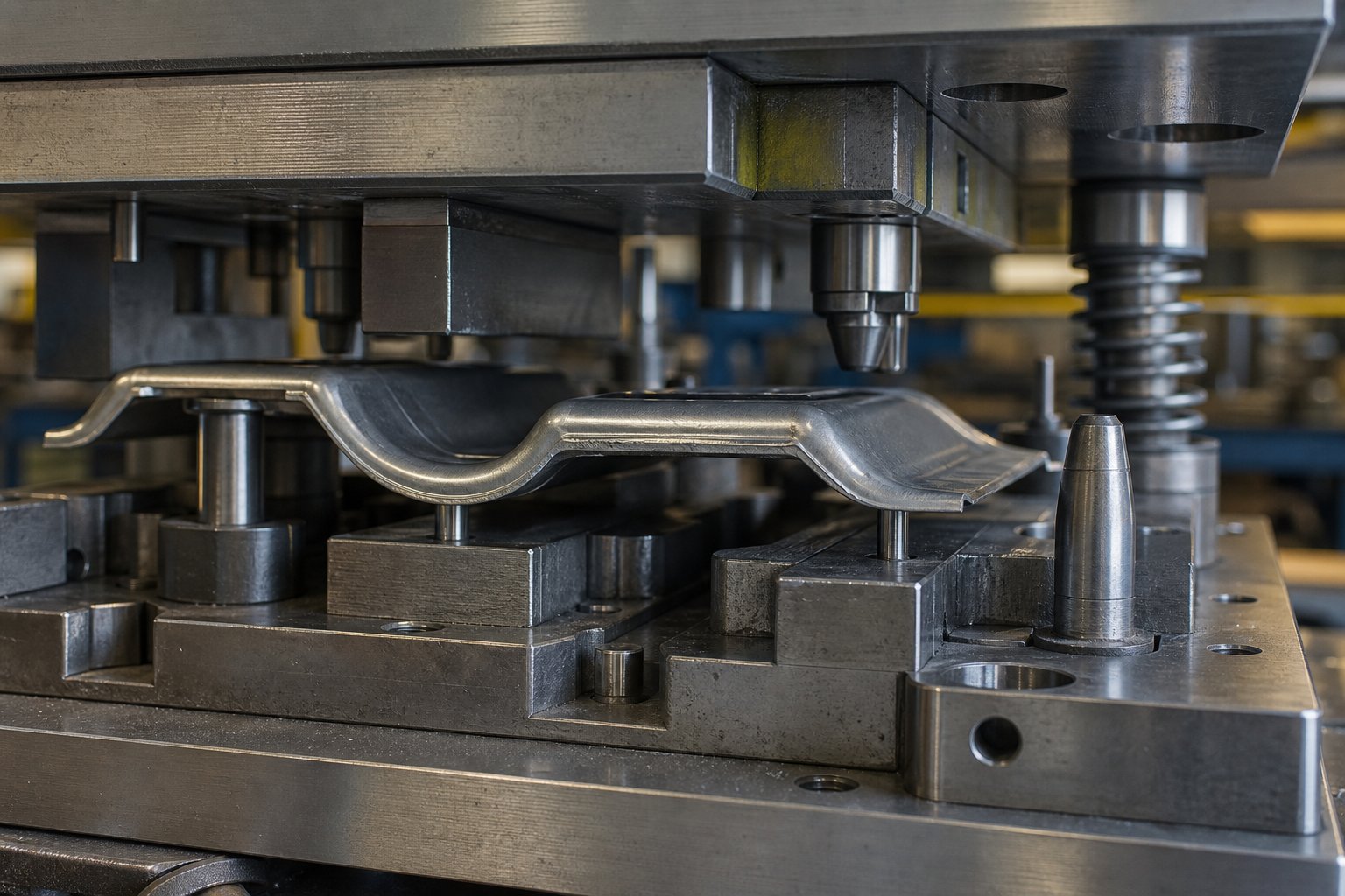 transfer die station with pilot pins and nest blocks designed for accurate manual part placement