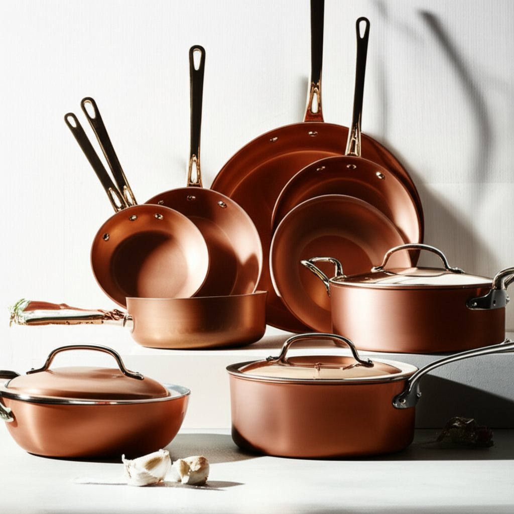 assorted copper cookware showcasing differences in thickness handles and linings