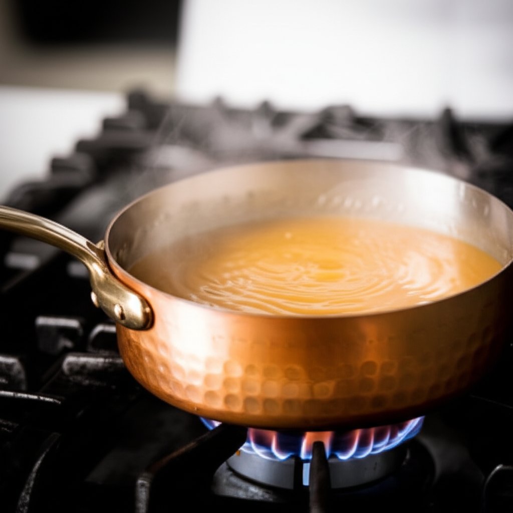 cooking a delicate sauce in a copper saucepan demonstrating heat control