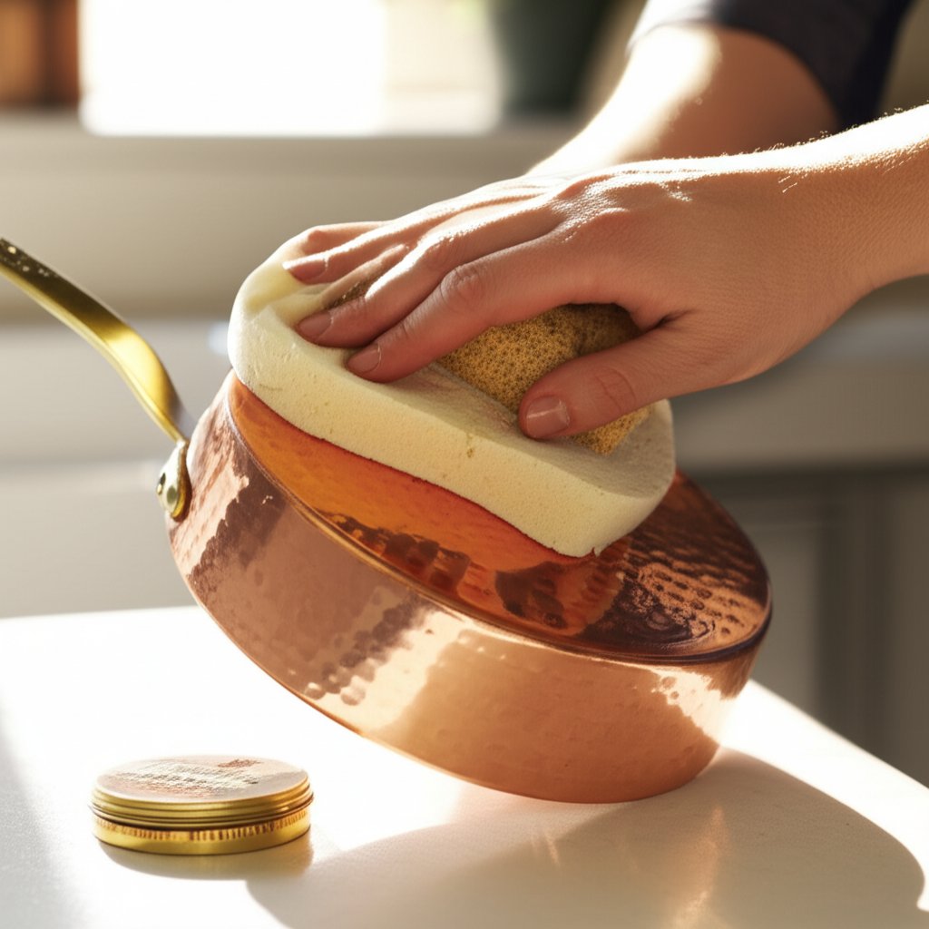 handwashing and polishing a copper pan to maintain its shine and longevity