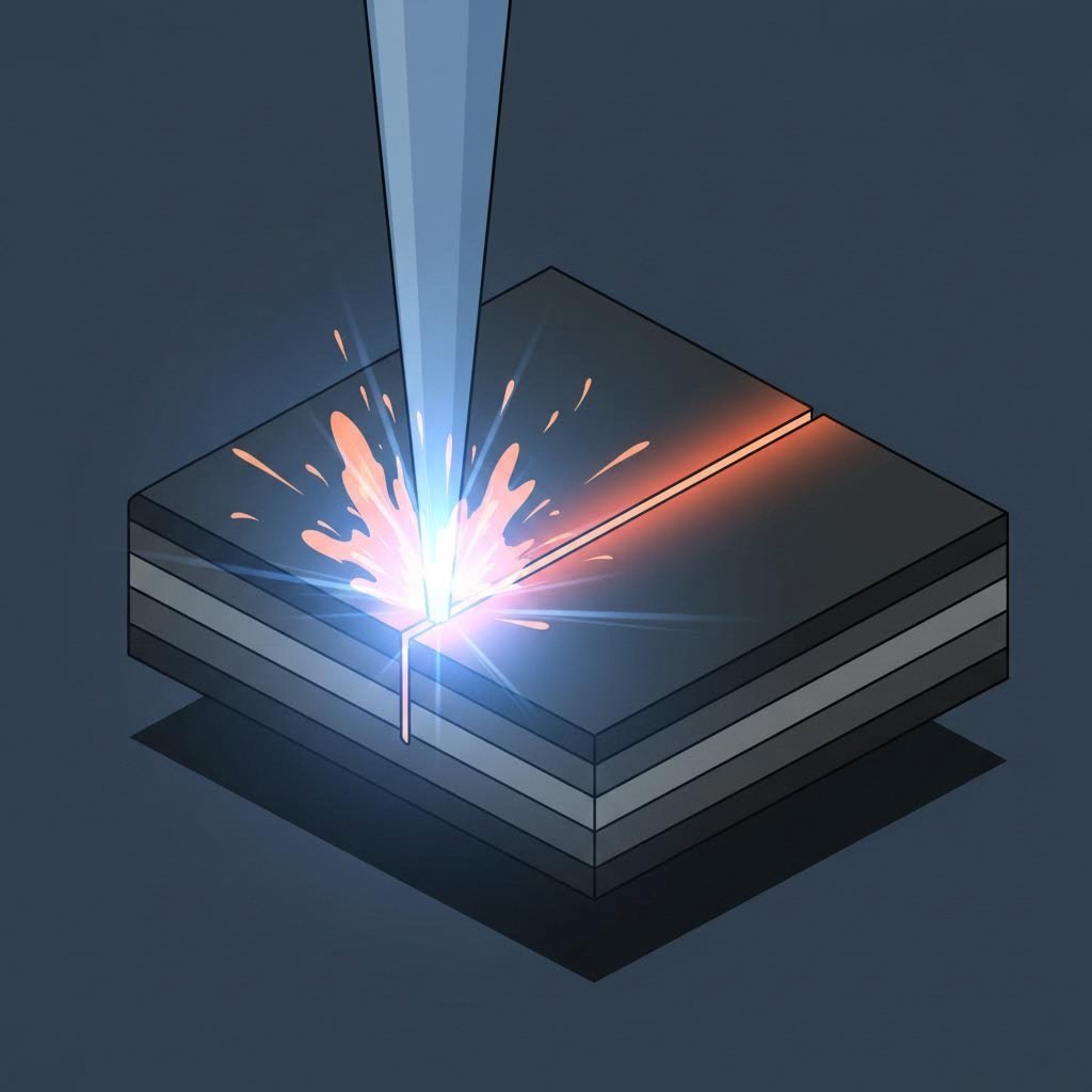 cross section showing laser beam penetrating steel with assist gas clearing molten material
