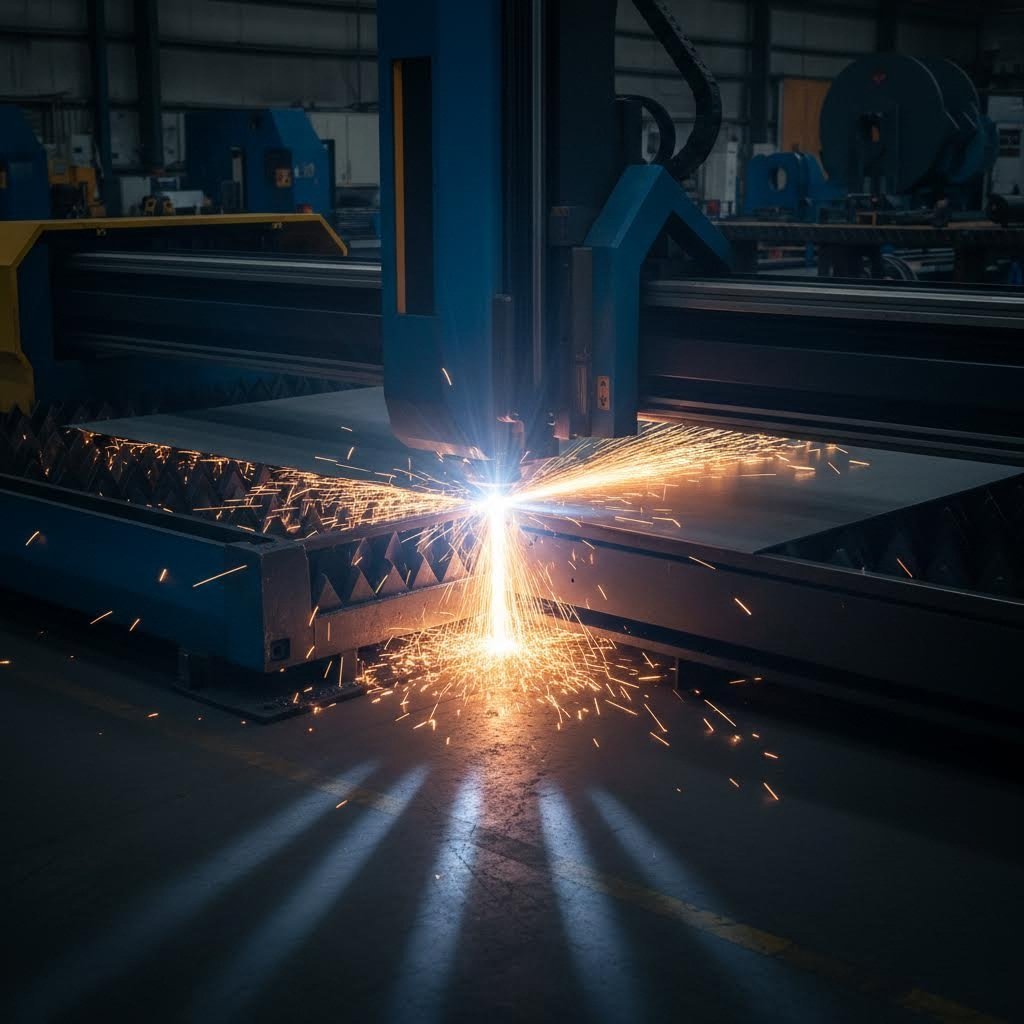 fiber laser cutting machine processing steel sheet with precision in industrial manufacturing setting