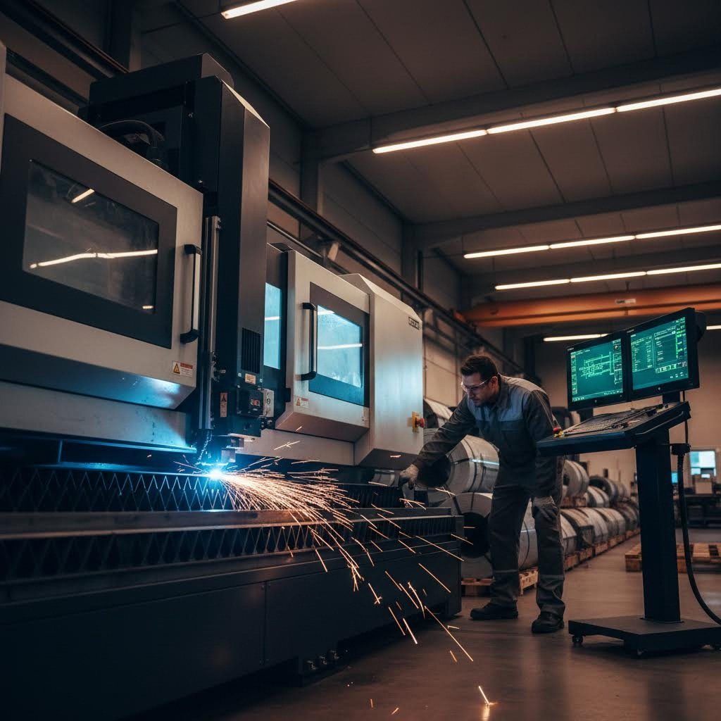 professional fabrication facility with laser cutting equipment and operator workstation