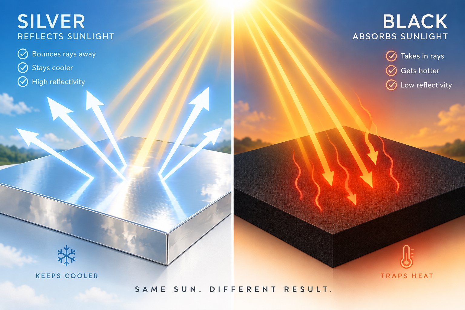 how reflective surfaces bounce solar energy away while dark surfaces absorb and radiate heat inward