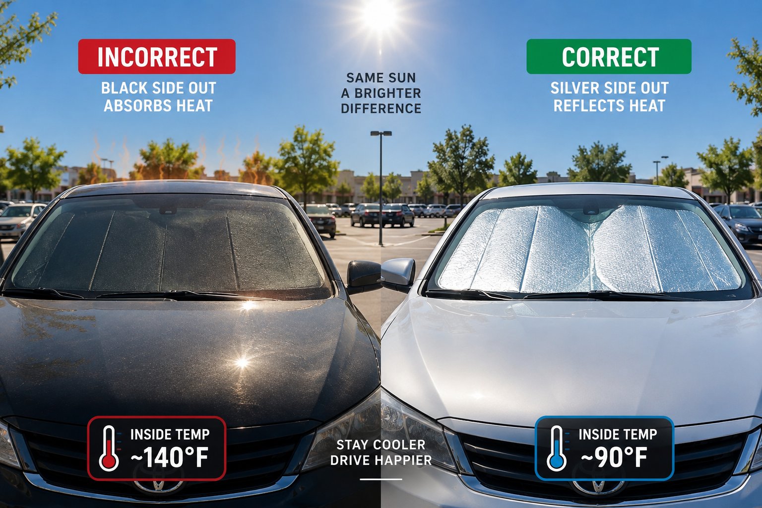 incorrect dark side out placement versus correct silver side out orientation in direct sunlight
