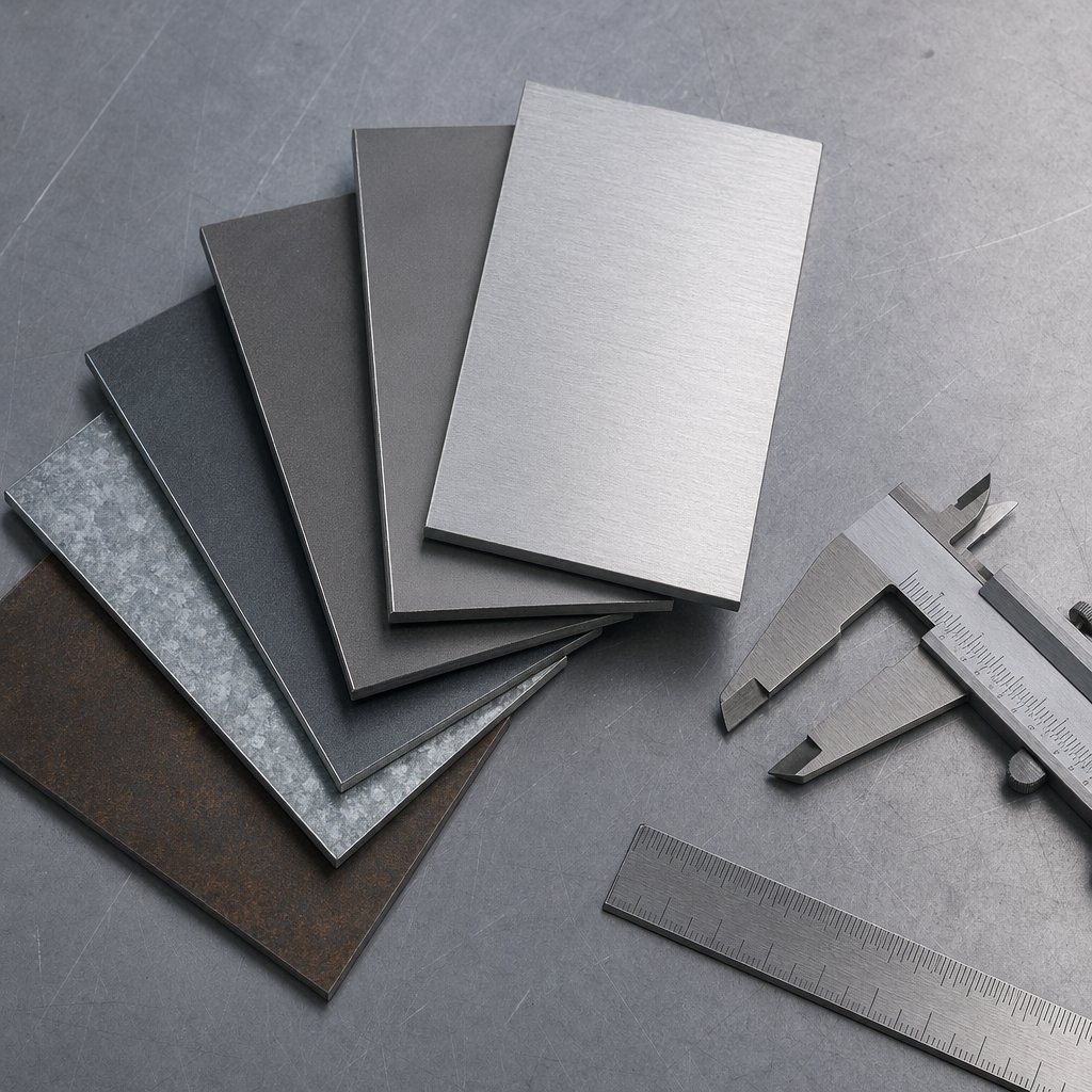 metal sheets and a caliper showing that 11 gauge thickness depends on the material