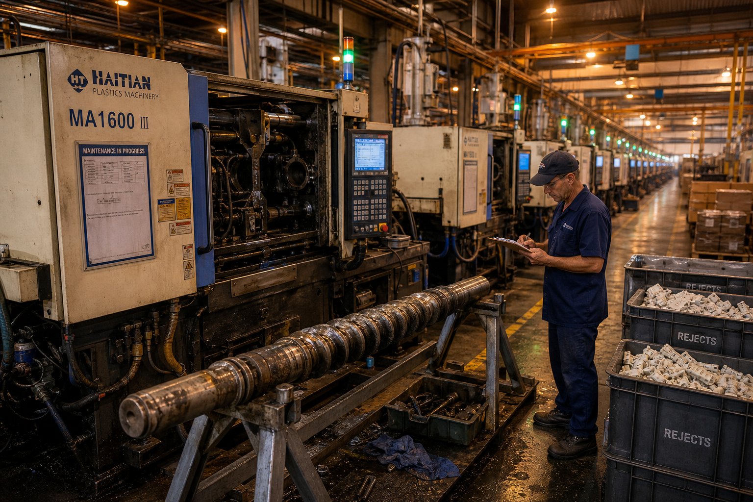 a worn screw pulled for inspection on a busy molding floor surrounded by the hidden costs of degraded performance