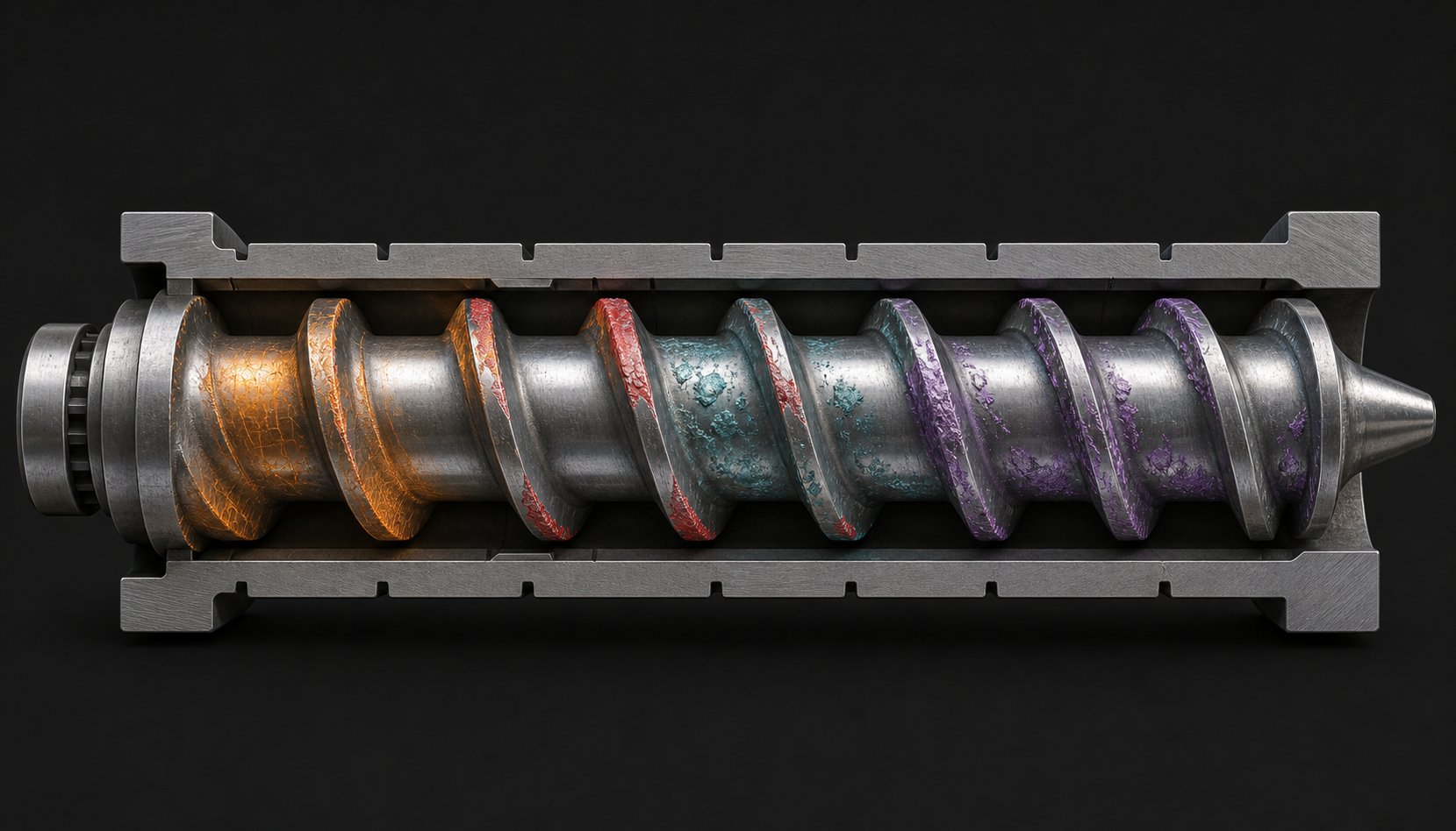 cutaway view illustrating four simultaneous wear mechanisms attacking a plasticating screw inside its barrel