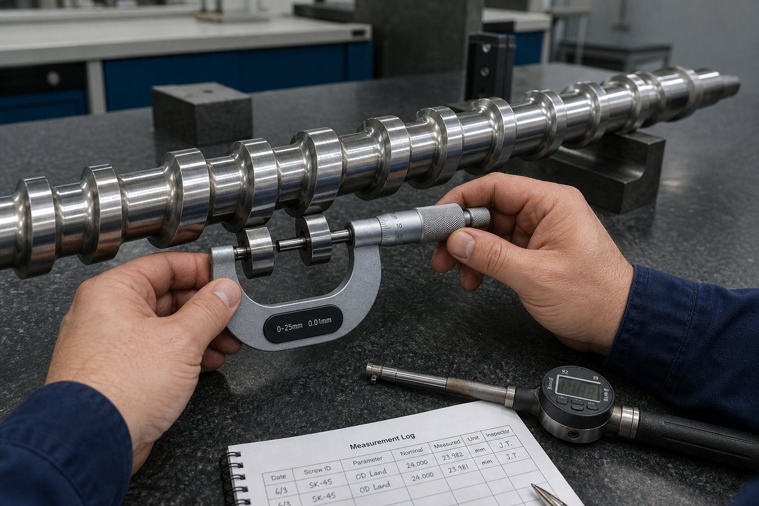 technician measuring screw flight outer diameter with an outside micrometer during a scheduled wear inspection