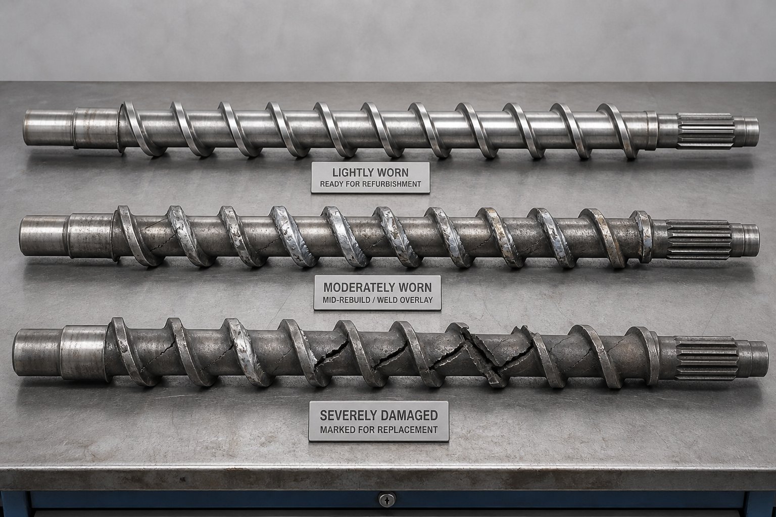 three screws at different wear severity levels illustrating the refurbish repair or replace decision framework