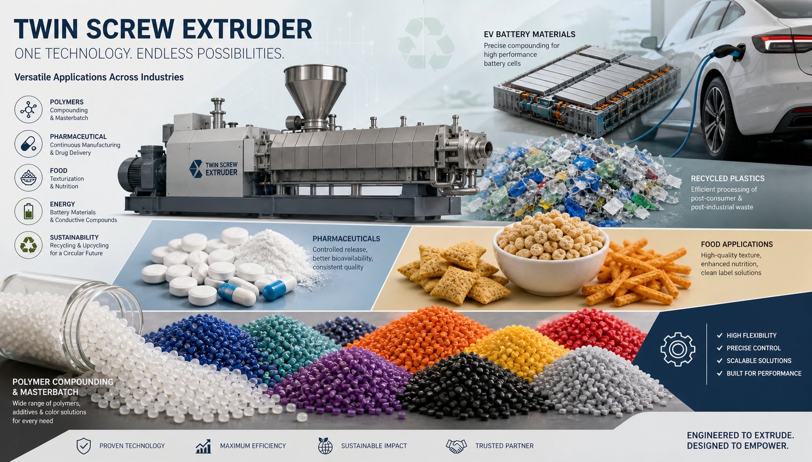 diverse applications of twin screw extruders spanning plastics compounding pharmaceuticals food processing and emerging sectors