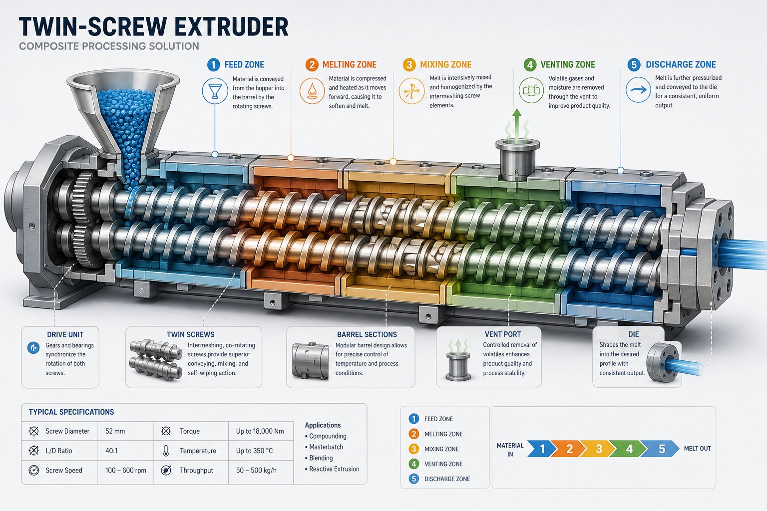 functional zones of a twin screw extruder from feed inlet through mixing venting and discharge sections
