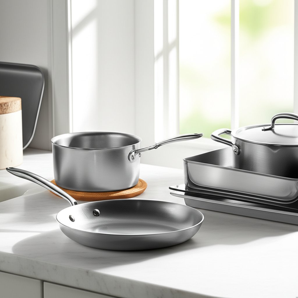 a selection of versatile aluminum pans displayed in a modern kitchen