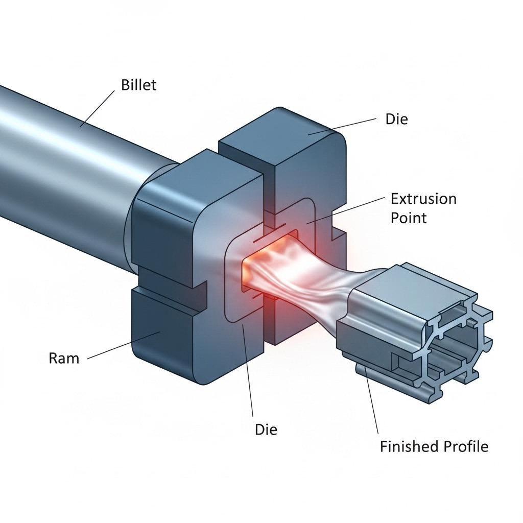 aluminum billet flowing through precision die to form custom profile shape