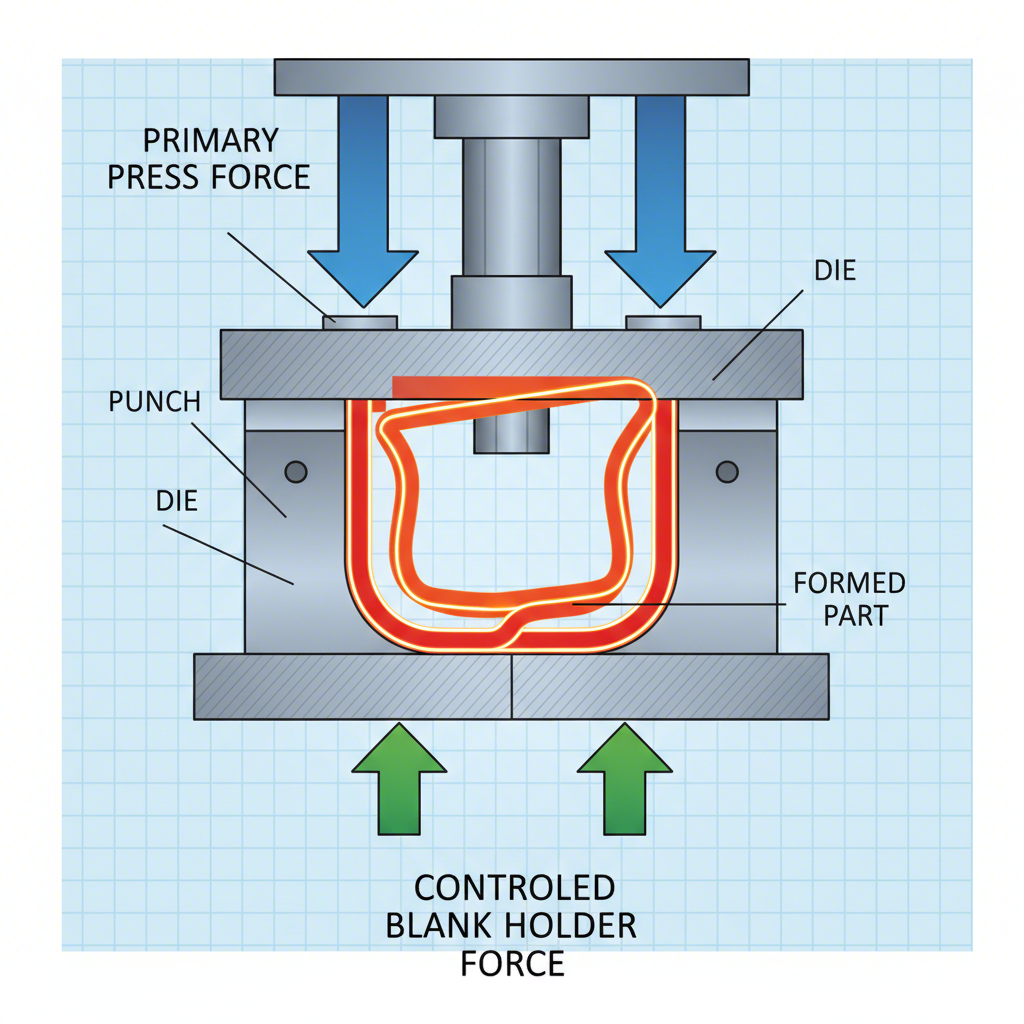 schematic of material flow and forces during a deep drawing process