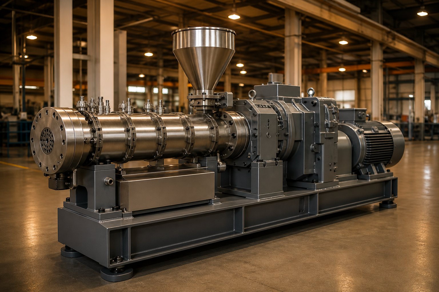 a production scale twin screw extruder on the factory floor showcasing the barrel gearbox and drive assembly