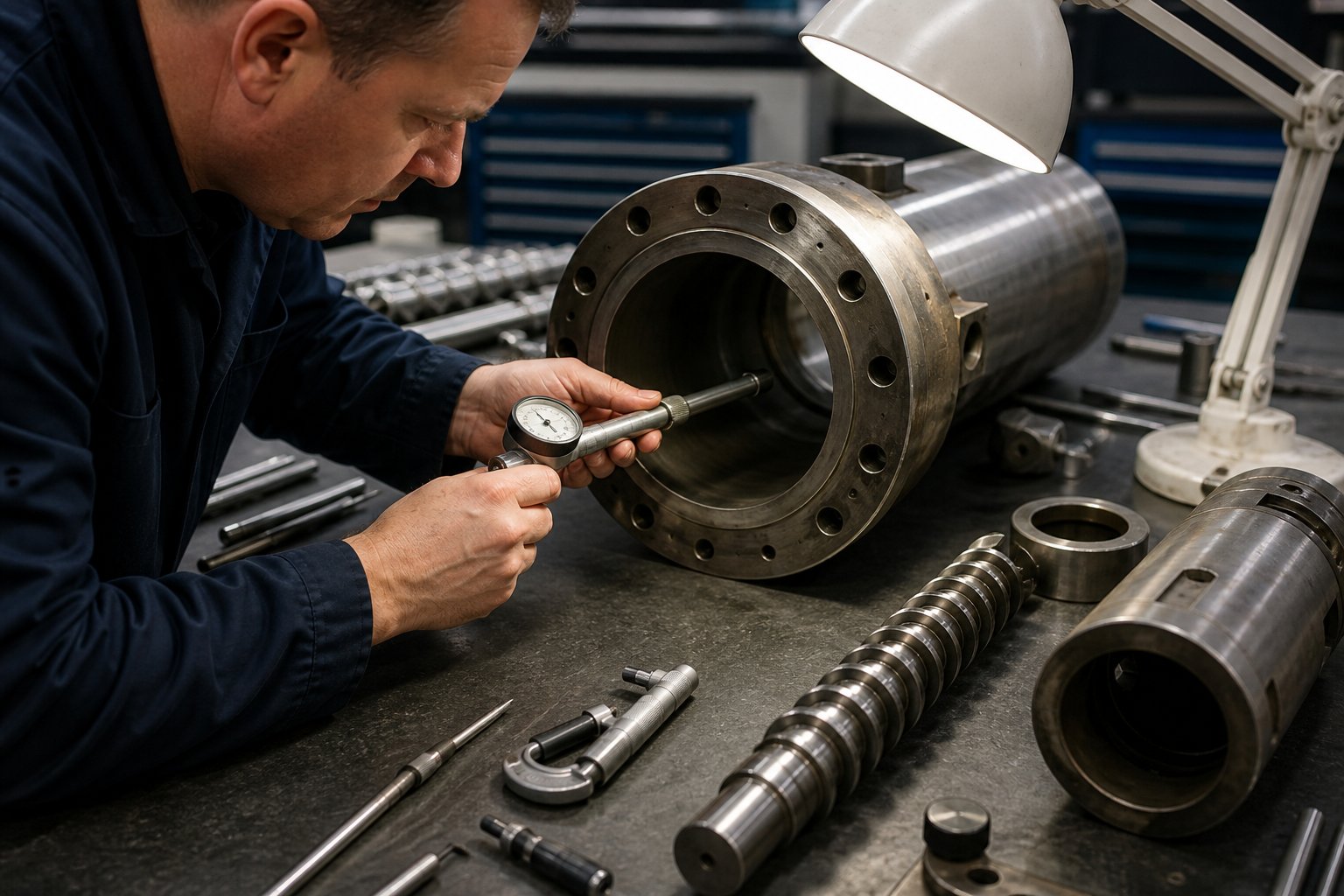 a technician measures barrel bore dimensions during a critical pre purchase inspection of a used extruder