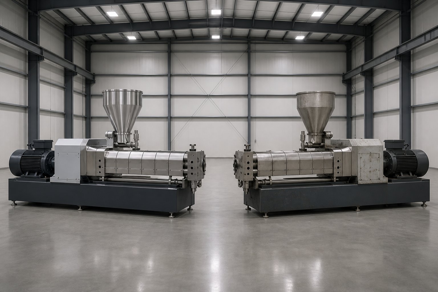 comparing new and used twin screw extruders side by side in an industrial setting
