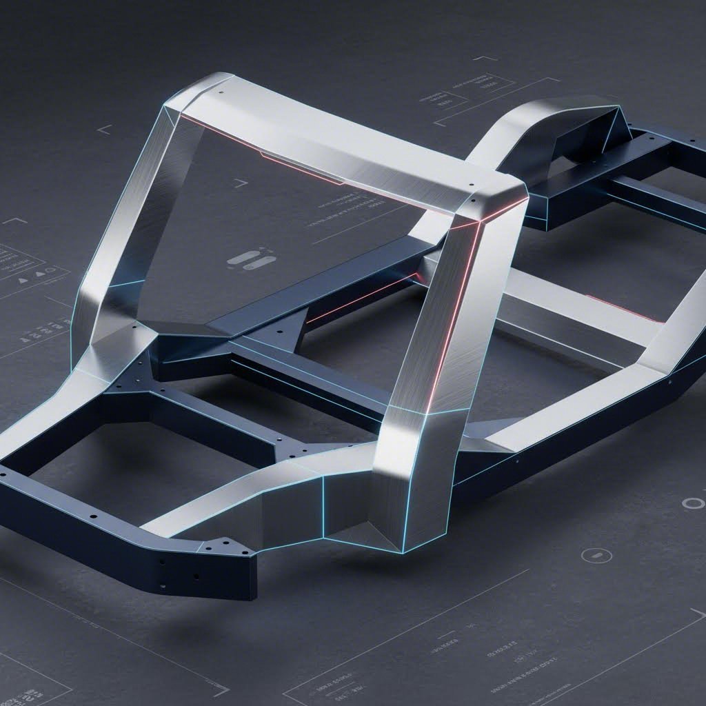 Automotive chassis frame highlighting A and B pillar structural stamping zones