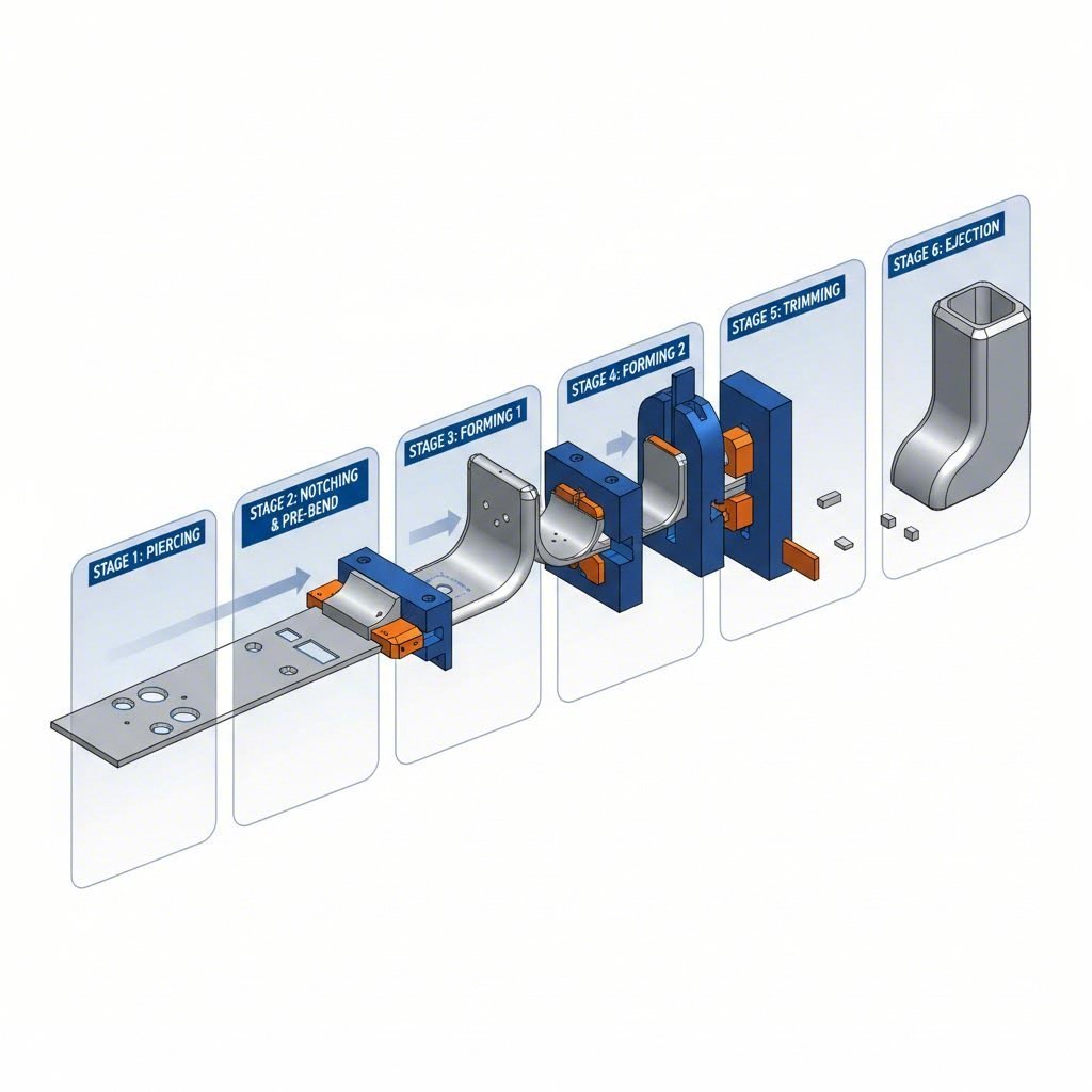 Progressive die stamping sequence transforming flat steel into formed automotive parts