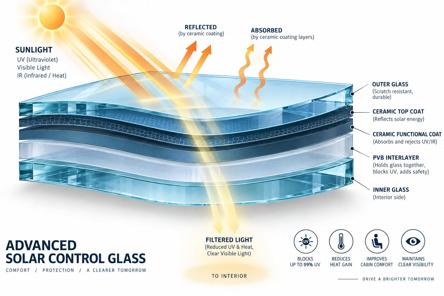 multi layer glass construction showing how tesla's ceramic coatings filter solar energy
