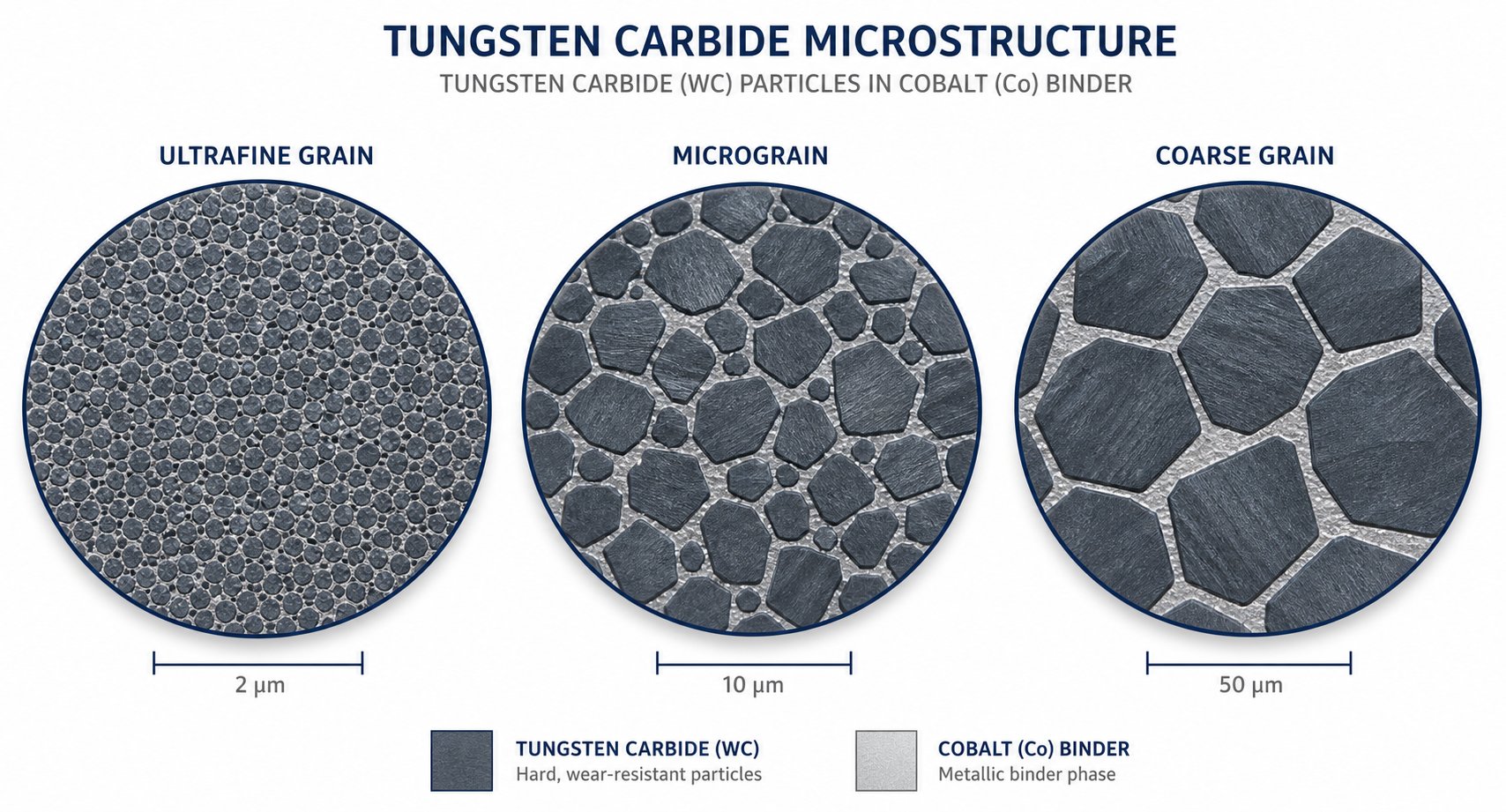 carbide grain size comparison showing how finer grains increase hardness while coarser grains improve toughness for different stamping operations