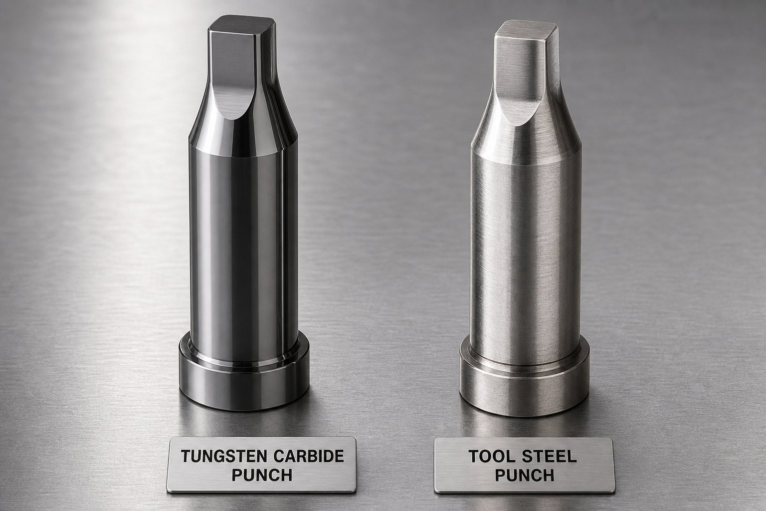 carbide punch alongside a tool steel punch illustrating that material selection depends on matching mechanical properties to application demands